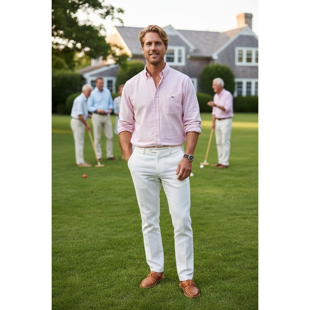 Vineyard Vines Mens Slim Fit Tucker Shirt Pink White Stripe Large Old Money
